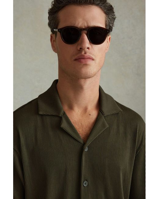 Reiss Chase - Green Ribbed Cuban Collar Shirt, L for men