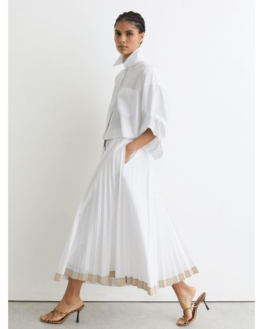 Reiss White Pleated Belted Midi Skirt With Cotton