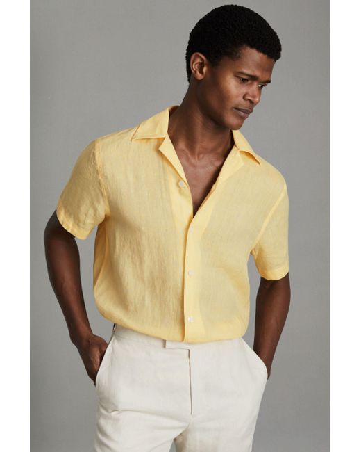 Reiss Natural Beldi - Melon Relaxed Linen Cuban Collar Shirt for men