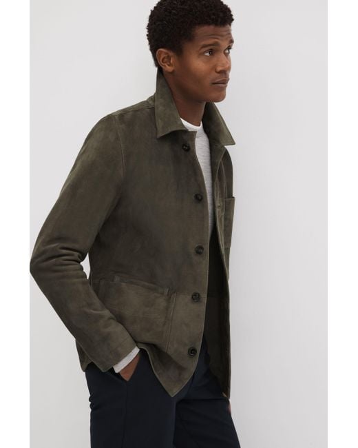 Reiss Black Roma - Moss Green Suede Button-through Jacket for men