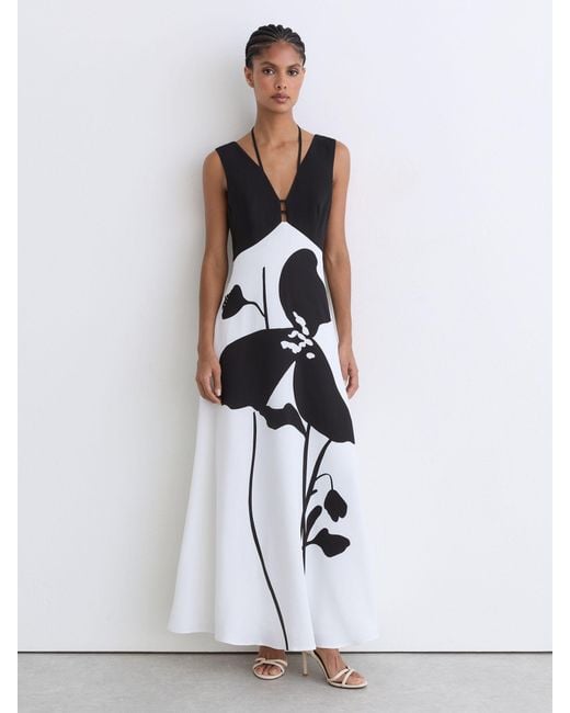 Reiss White Graphic Floral-Print Maxi Dress