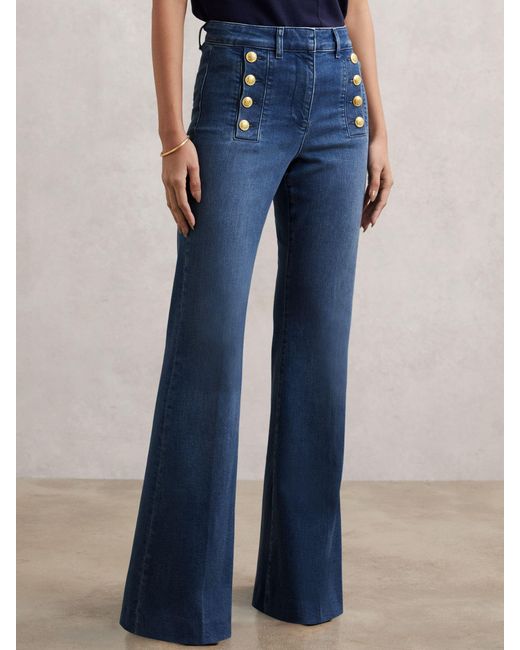 Reiss Blue Button-Detail High-Rise Flared Jeans