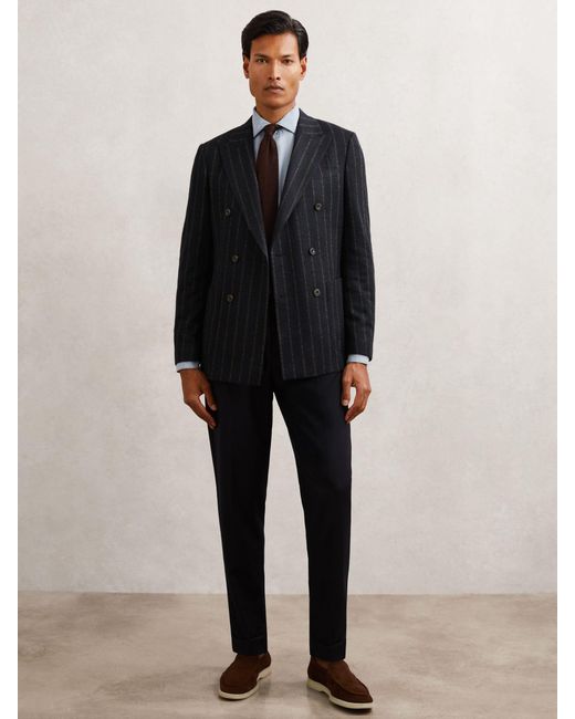 Reiss Blue Double-Breasted Chalk-Stripe Blazer Tailored-Fit With Wool for men