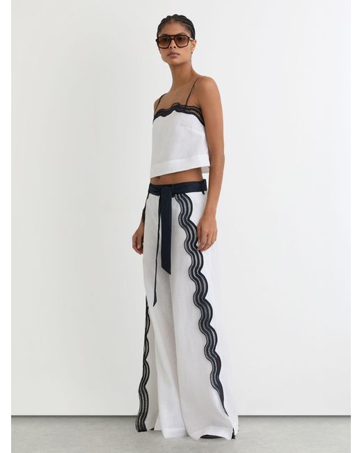 Reiss White Felicity - Ivory/navy Linen Scallop-trim Cami Top, Us 6