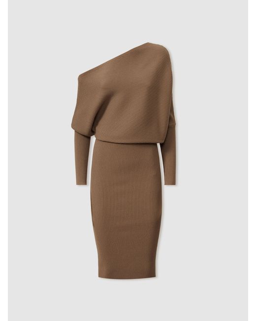 Reiss Multicolor Lara - Mink Off-the-shoulder Ribbed Midi Dress, L (us 12-14)