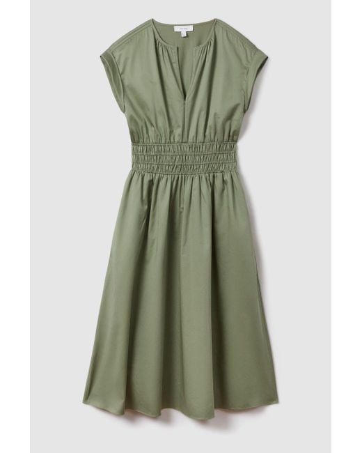 Reiss Lena - Green Petite Cotton Ruched Waist Midi Dress