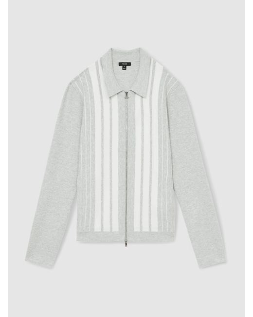 Reiss Gray Melange & Striped Zip Through Knitted Jacket for men