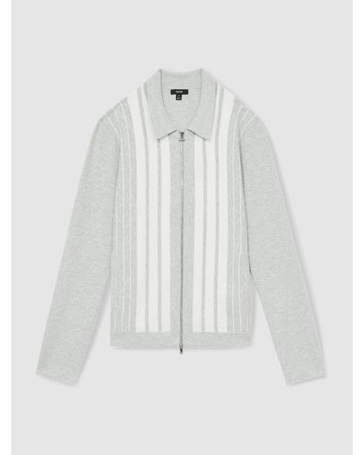 Reiss Gray Melange & Striped Zip Through Knitted Jacket for men