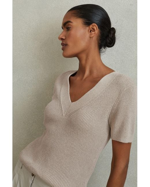 Reiss Natural Rosie - Neutral Cotton Blend Knitted V-neck Top, L