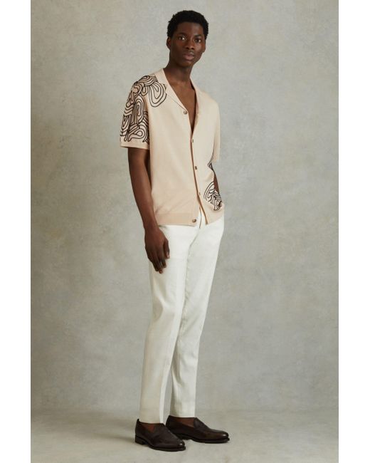 Reiss Natural Romance - Cream Jersey Embroidered Cuban Collar Shirt, Xl for men