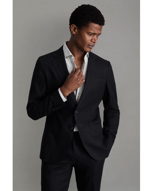 Reiss Kin - Black Slim Fit Single Breasted Linen Blazer for men
