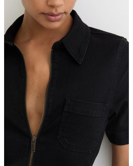 Reiss Black Wide-Leg Zip-Through Denim Jumpsuit