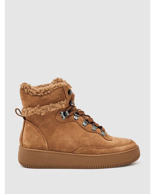Reiss Brown Suede Faux-Shearling Trainer Boots