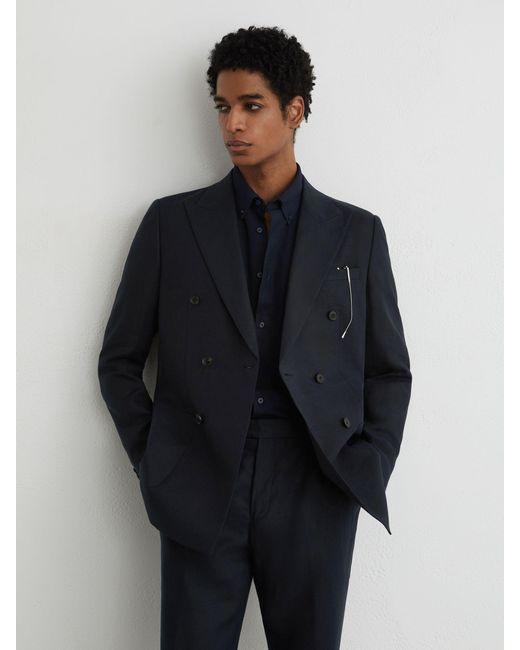 Reiss Blue Tailored Fit Linen Double-Breasted Suit Blazer for men