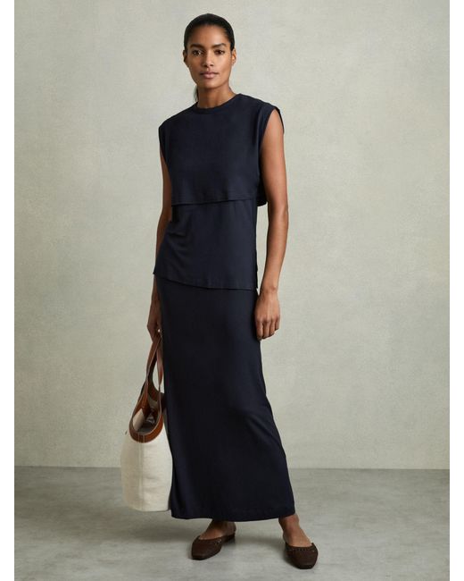 Reiss Blue Jersey Straight Maxi Skirt