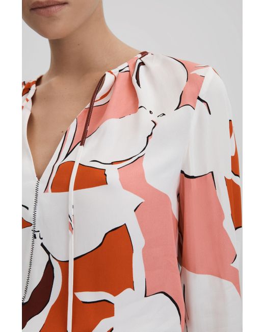 Reiss Tess - Cream/red Printed Tie Neck Blouse
