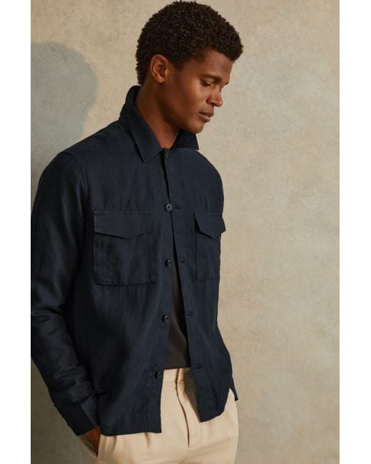 Reiss Blue Viera - Navy Linen Overshirt, Xxl for men