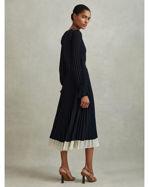 Reiss Blue Cream Petite Pleated Belted Midi Dress