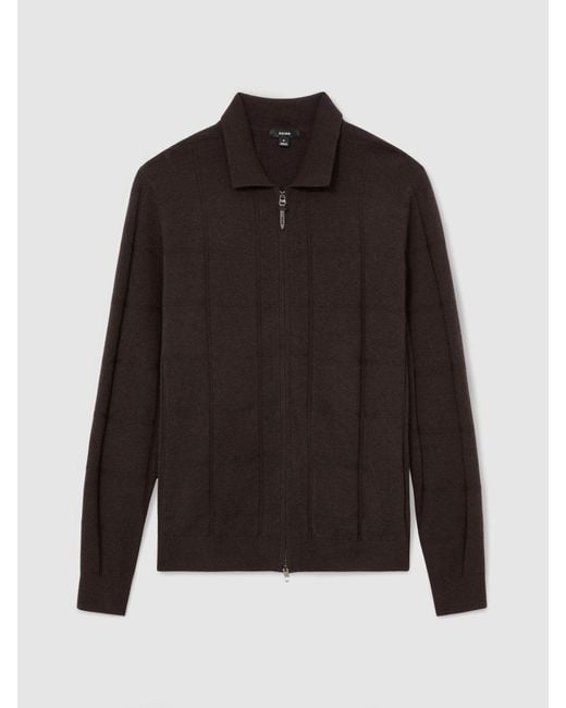 Reiss Black Wool Check-Textured Zip-Through Cardigan for men
