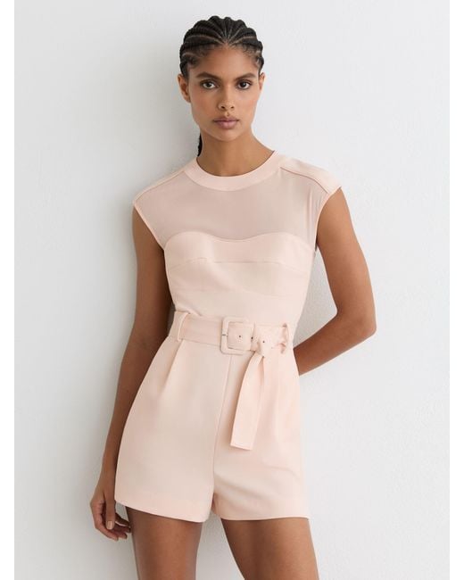 Reiss Natural Sheer-Panel Structured Belted Playsuit