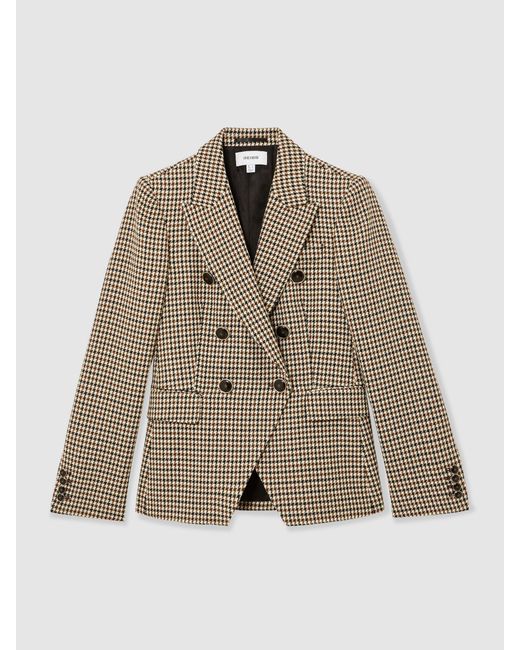 Reiss Natural Hartley - Neutral Check Wool-blend Double-breasted Check Blazer, Us 14
