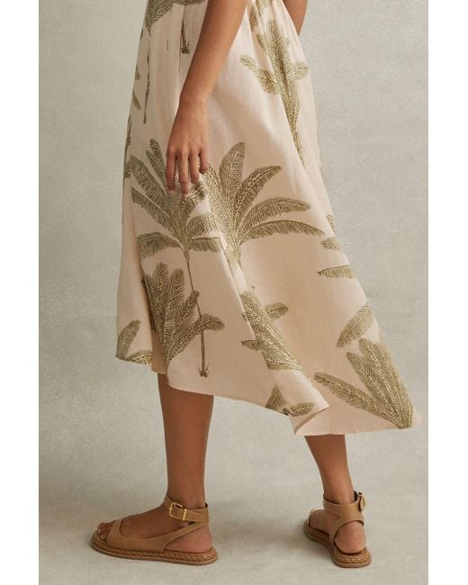 Reiss Natural Anna - Neutral/green Petite Linen Tropical Print Midi Dress