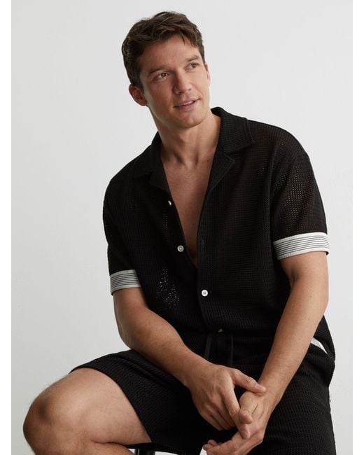 Reiss Black Cotton-Blend Tape-Trim Crochet Shirt for men
