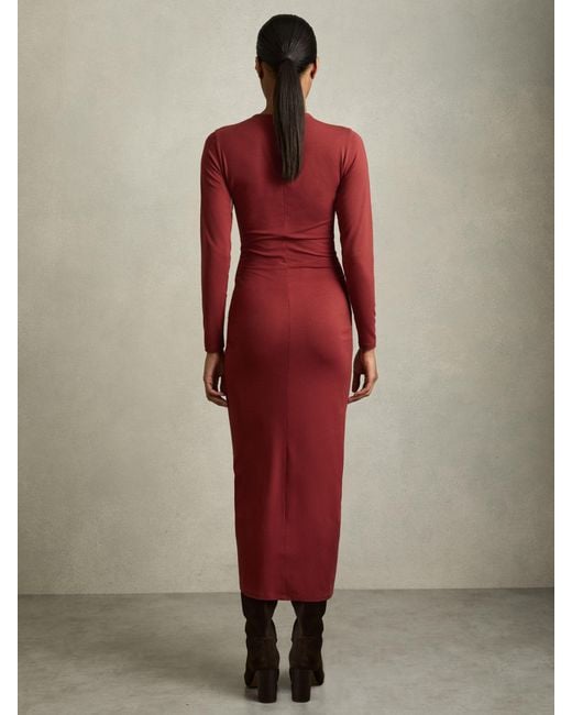Reiss Red Ruched Jersey Midi Dress