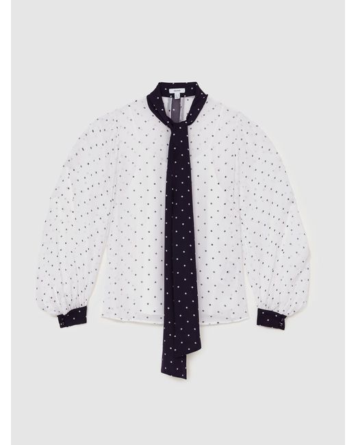 Reiss Blue Arial - Ivory/navy Polka-dot Tie-neck Blouse, Us 14