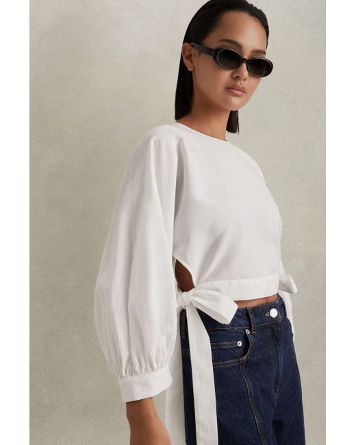 Reiss Natural Immy - Ivory Cropped Blouson Sleeve Top