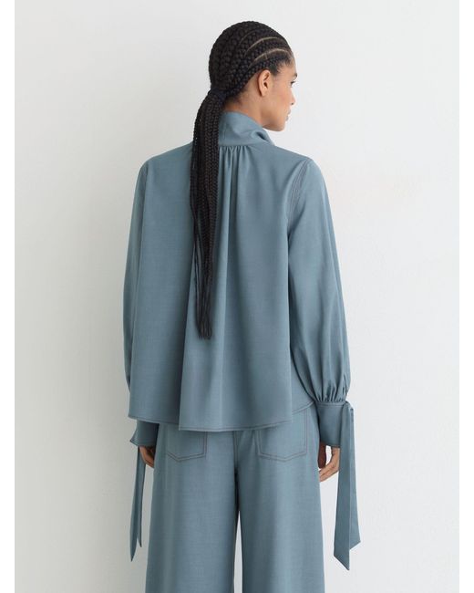 Reiss Blue Denim-Look Tie-Neck Blouse