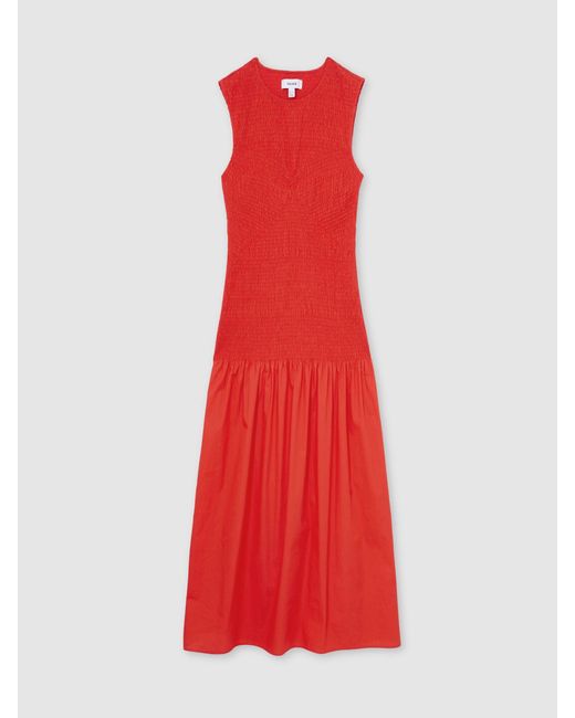 Reiss Annabel - Red Petite Cotton Shirred Midi Dress, Us 6