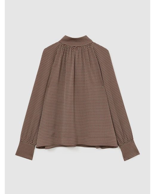 Reiss Brown Geometric-Print Tie-Neck Blouse