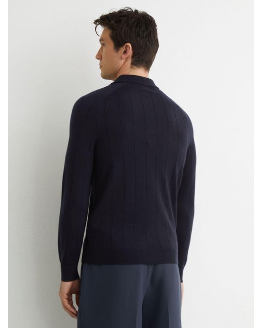 Reiss Blue Merino Wool Wide-Rib Polo Jumper for men