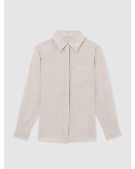 Reiss Natural Belle - Beige Neutral Linen Patch-pocket Long-sleeve Shirt, Us 12