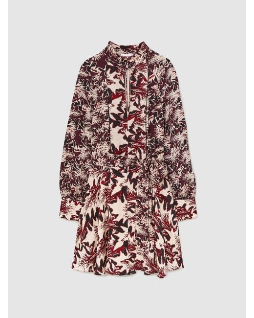 Reiss Natural Burgundy & Cream Tie-Waist Flippy Mini Dress