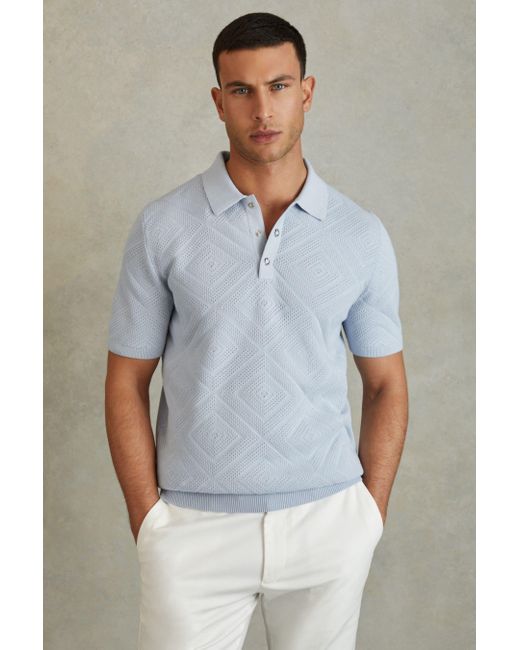 Reiss Lupton - Soft Blue Cotton Textured Press-stud Polo Shirt for men