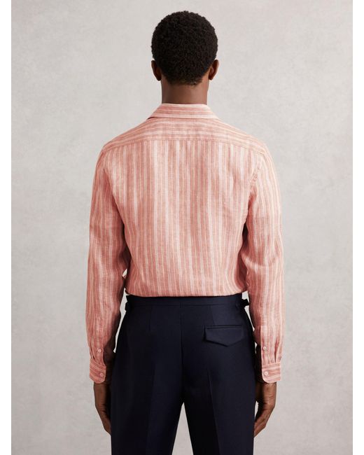 Reiss Pink Rose & Bengal Stripe Linen Striped Long Sleeve Shirt for men