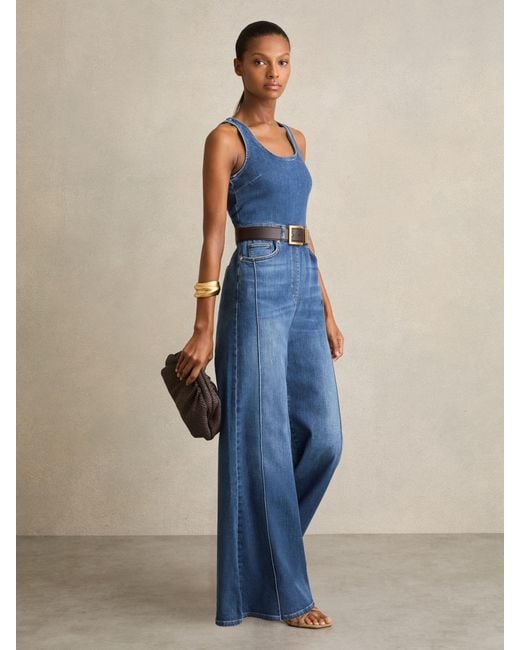 Reiss Blue Wide-Leg Racer-Back Denim Jumpsuit