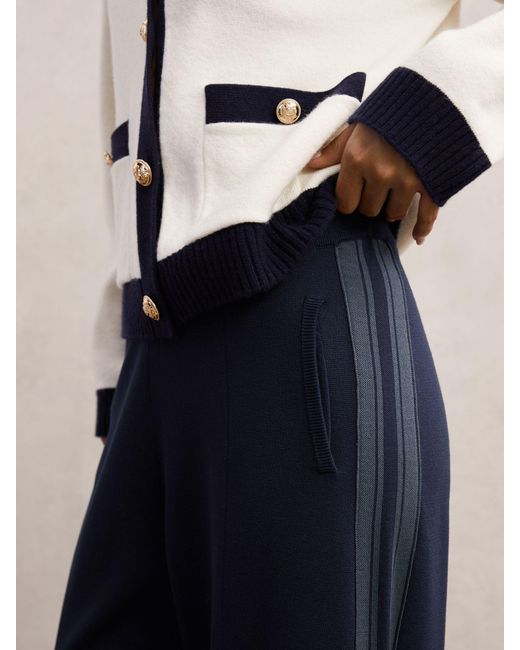 Reiss Blue Knitted Side-Stripe Wide-Leg Trousers