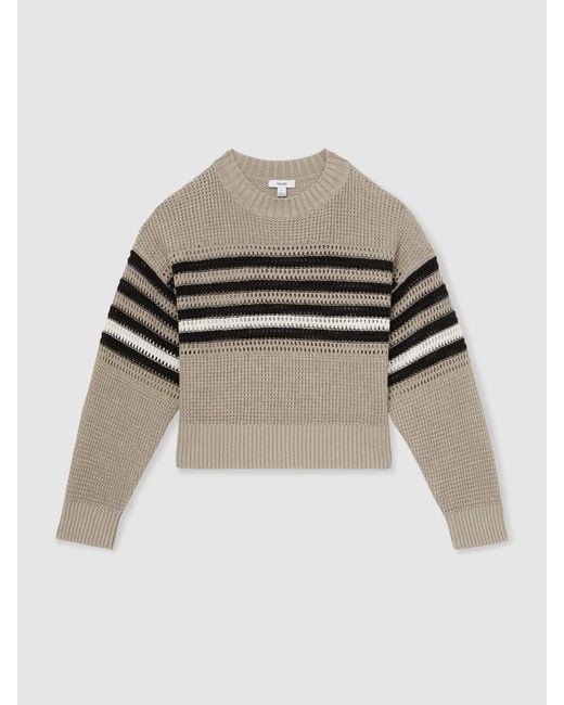Reiss Natural Catrice - Neutral/black Linen Crochet Striped Jumper, Large (us 12-14)