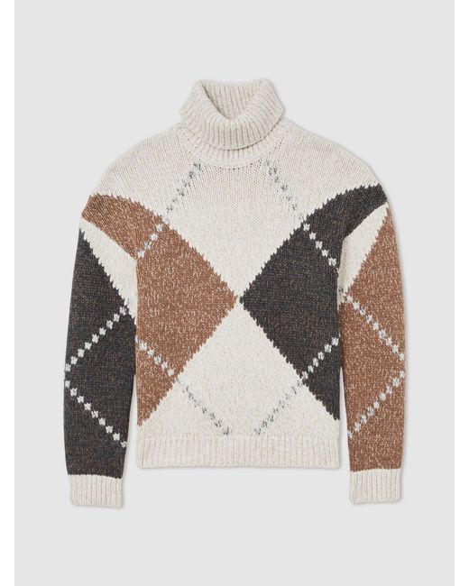 Reiss Natural Wool-Blend Roll-Neck Argyle Jumper for men