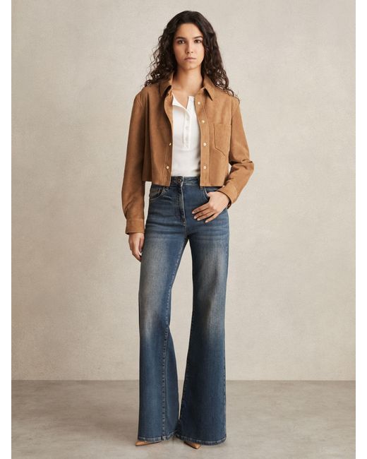 Reiss Brown Connie - Tan Suede Press-stud Cropped Shirt, Us 10