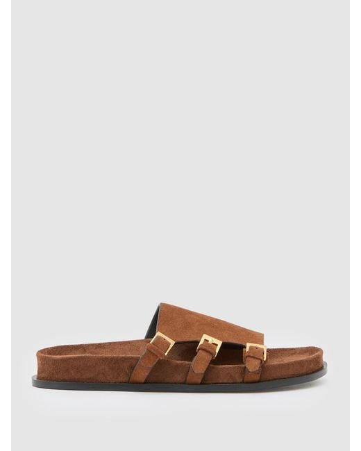 Reiss Brown Lauren - Tan Suede Buckle-strap Slip-on Sandals, Us 5 (uk 3)