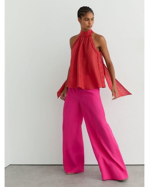 Reiss Pink Andi - Coral Red Linen Sleeveless Scarf-neck Top, Us 6