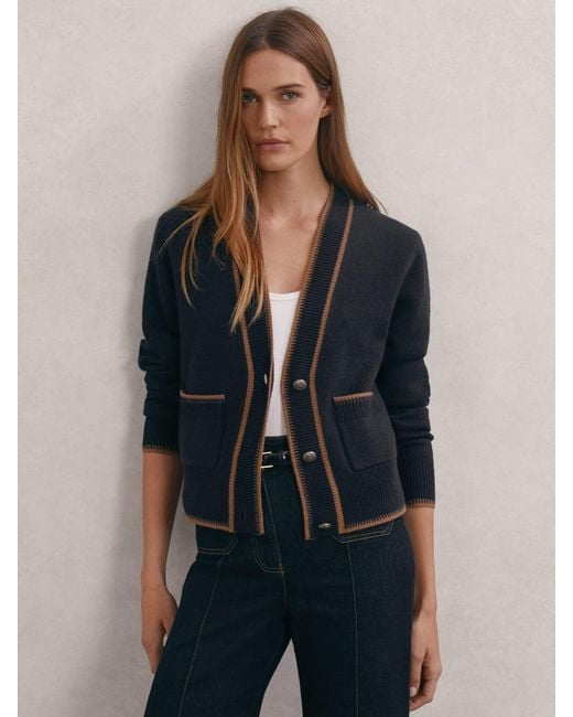 Reiss Blue Camel Wool-Cashmere Tipped Cardigan