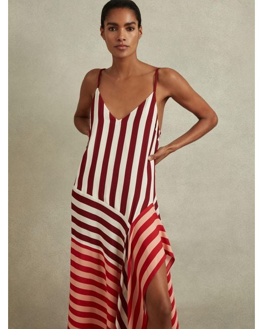 Reiss Holly - Burgundy/off White Colourblock Stripe Asymmetric Midi Dress,  Us 10 in Red | Lyst