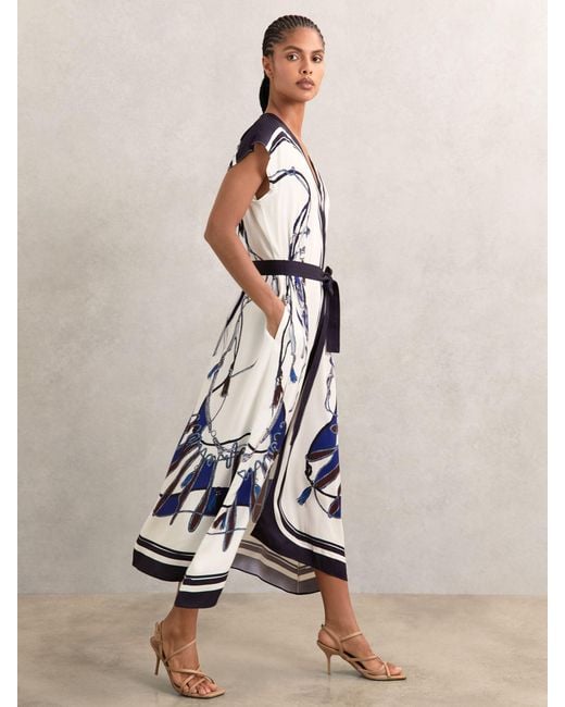 Reiss Natural Scarf-Print V-Neck Belted Midi Dress