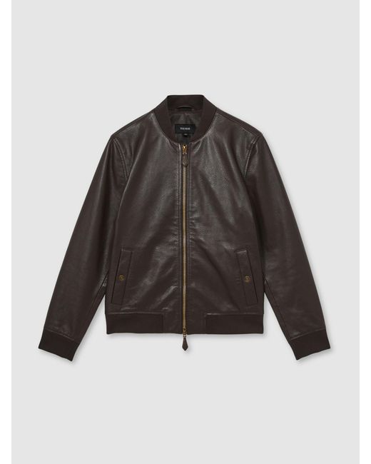 Reiss Brown Leather Bomber Jacket for men