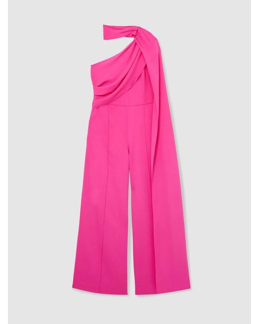 Reiss Pink One-Shoulder Drape Wide-Leg Jumpsuit